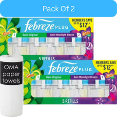 Febreze Plug Air Freshener – Gain Original & Gain Moonlight Breeze (5 Refills, 4.35 fl oz)-2pk, With Paper Towel By OMA