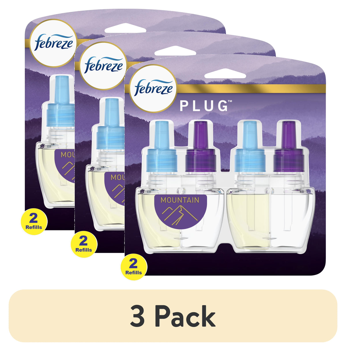 (3 pack) Febreze Plug In Air Freshener, Odor-Fighting Scented Oil Refill, Mountain, 2 Refills