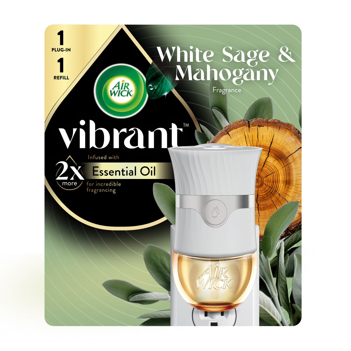 Air Wick Vibrant Plug-In Scented Oil Air Freshener Warmer Starter Kit, White Sage and Mahogany, 2 Piece