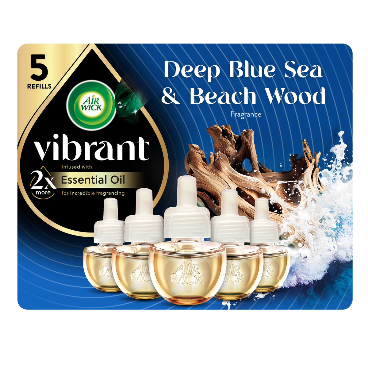 Air Wick Vibrant Plug-In Scented Oil Air Freshener Warmer Refills, Deep Blue Sea and Beach Wood, 5 Count