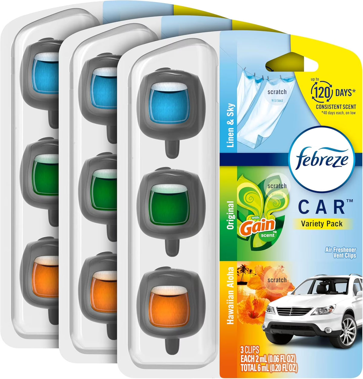 Febreze Car Air Freshener Odor-Fighting Car Vent Clip, Variety, Linen and Sky, Original, Hawaiian Aloha Scent Automatic Air Freshener, 3-Count Pack of 3
