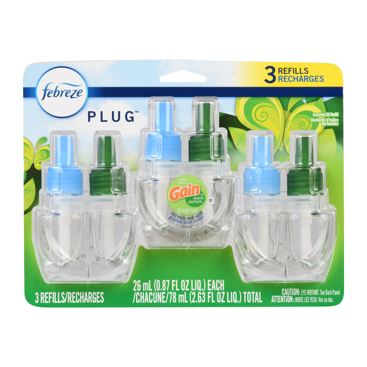 Febreze Plug In Air Freshener, Odor-Fighting Scented Oil Refill, Gain Original, 3 Refills