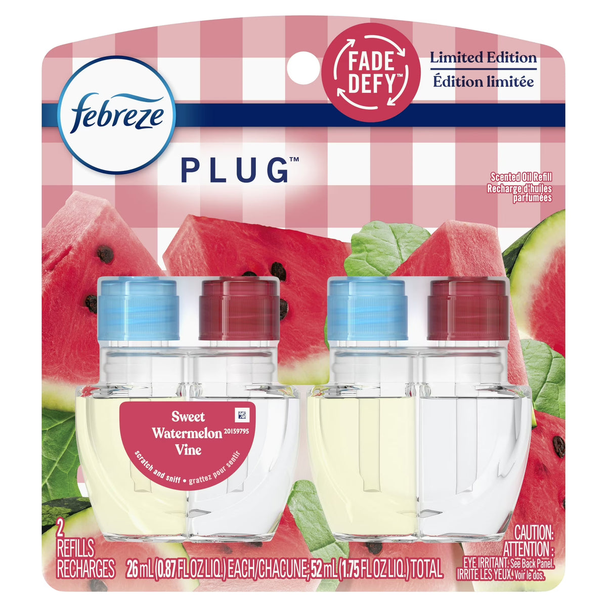 Febreze Plug In Air Freshener, Odor-Fighting Oil Refill, Sweet Watermelon Vine, (4 Pack 2 Refills)