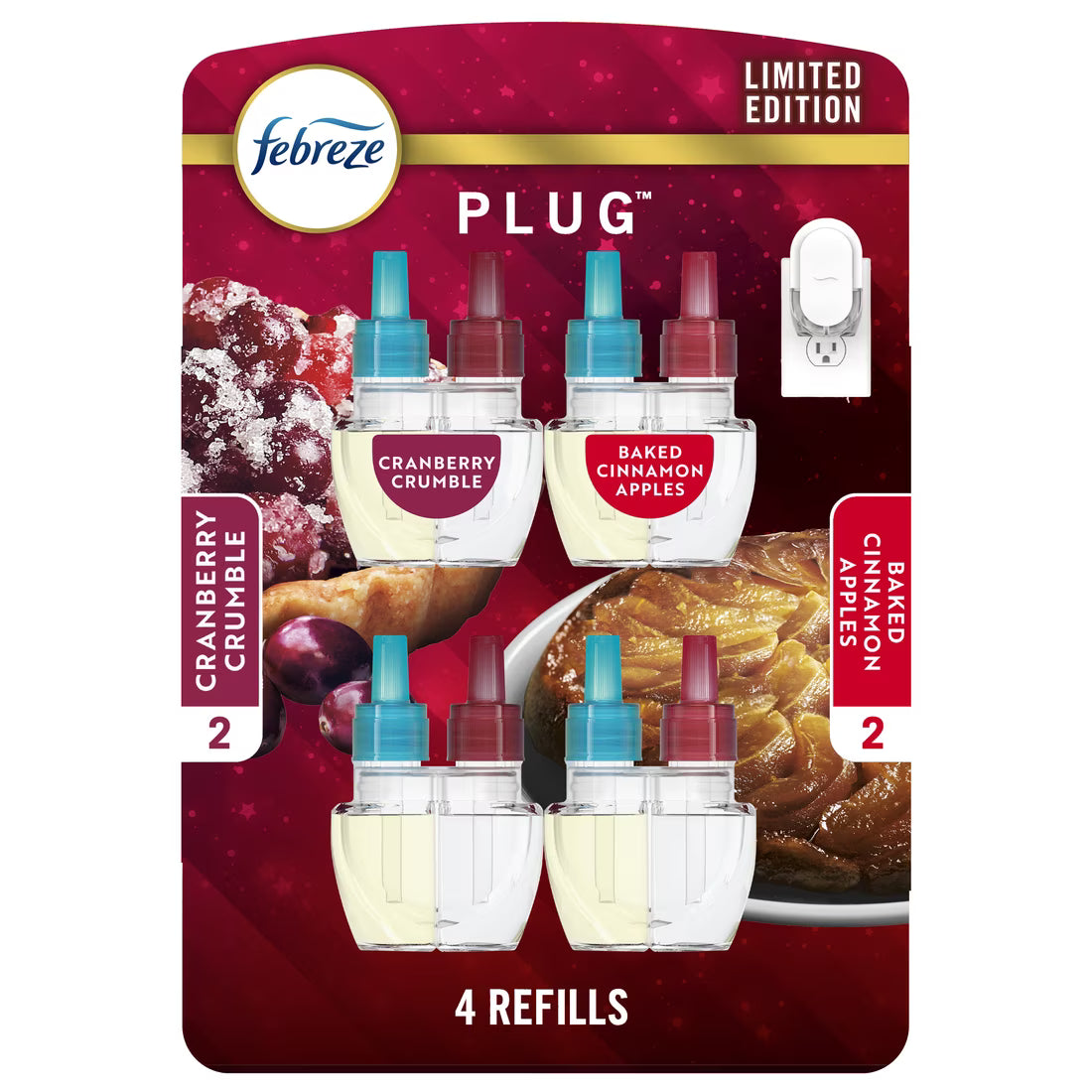 Febreze Plug In Air Freshener, Odor-Fighting Scented Oil Refill, Apple & Cranberry, 4 Refills