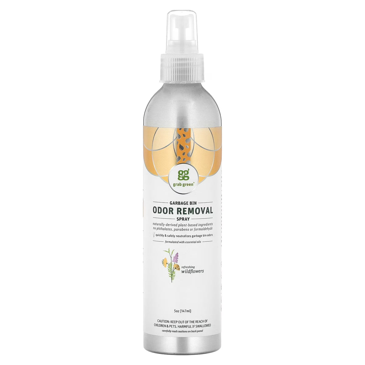 Grab Green Garbage Bin Odor Removal Spray, Refreshing Wildflowers, 5 oz (147 ml)