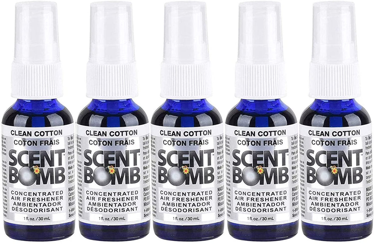 Scent Bomb Air Freshener Spray, 100 % Oil Based Concentrated Air Freshener, Air Freshener Spray for Car, Room, Bathroom and Odor Eliminator, Clean Cotton, 5 Pack
