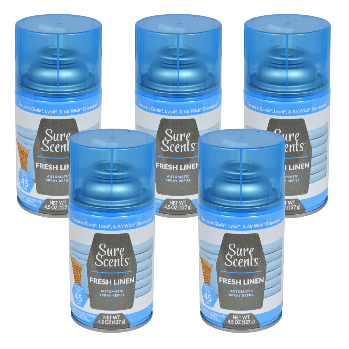 Sure Scents Fresh Linen Automatic Spray Refills, 4.5 oz. Air Freshener, Odor Eliminator and Neutralization for Home Kitchen Bathroom Office Living Room Long Lasting Scents Pack of 5